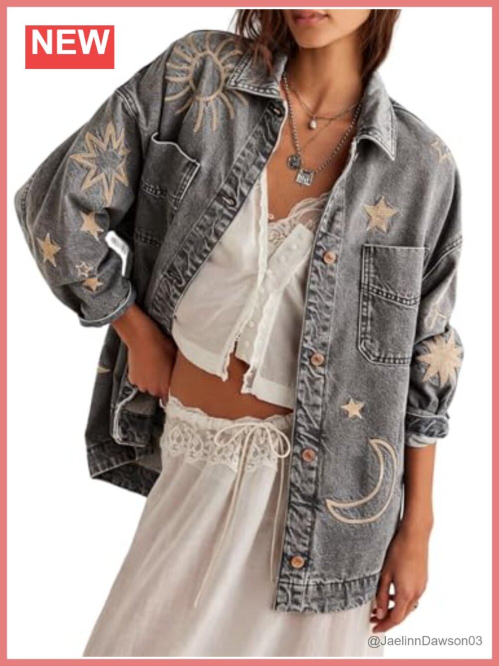 Women's Vintage Oversized Denim Jacket Embroidered Casual Loose Fit Button Down